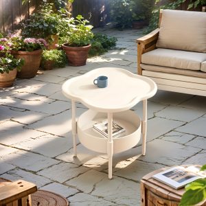 Outdoor Side Table with Reinforced Floral Plastic Coffee Table and Double-layer Storage Shelf, Thickened and Portable, Designed for Organizing Mugs, Cups, and Decorations