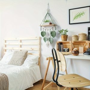 Bohemian Leaf Art Woven Wall Shelf, Handcrafted Tassel Wall Rack, Wall-Mounted Flower Shelf, Bohemian Home Decor Shelf, Suitable for Living Rooms, Bedrooms, And Dormitories