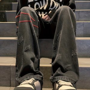 Men's High Street Vibe Trendy Versatile Wide-Leg Jeans, American Vintage Straight-Leg Loose Fit Casual Long Pants