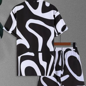 Men'S Casual Short-Sleeve Shirt And Shorts Set with Irregular Striped Print in Contrasting Colors