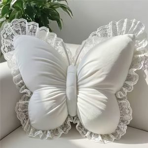 Butterfly-shaped Home Decor Throw Pillow with White Lace Trim, Made of Luxurious Velvet Fabric and Polyester Fiber Filling. Suitable for Beds, Sofas, Carriages, and Office Spaces. Perfect for Living Rooms, Bedrooms, Weddings, Birthdays, and Other