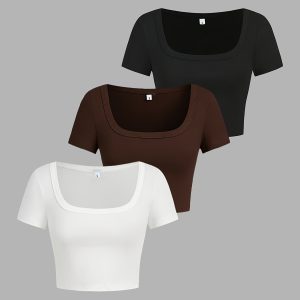 3pcs Set of New Fashionable Trendy Sexy Women'S Short Sleeve Fitted Square Neck Short Top T-Shirts, Suitable for Spring Summer Fall