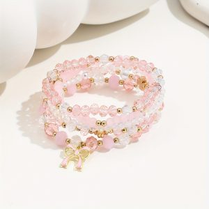 5-Pack Glass Oil Painting Pendant Hand String Set, 5pcs Pink Minimalist Stylish Bow Clover Stackable Bracelet Set