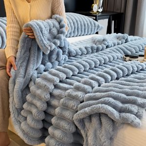Warm and Comfortable Flannel Drawstring Blanket, Imitation Rabbit Fur Bed Blanket, Soft and Warm Sofa Blanket, Suitable for Nap, Office, Outdoor Camping, Sofa Nap Blanket, Four Seasons Multi-purpose Striped Pattern Gift Blanket 11 Festivals Available