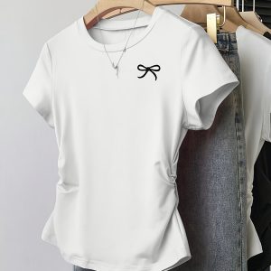 3pcs s' Pleated Round Neck Short Sleeve Bow Print Casual Versatile T-Shirt Top