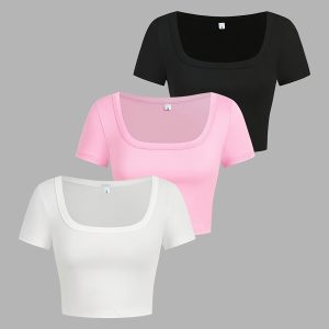 3pcs Set of New Fashionable Trendy Sexy Women'S Short Sleeve Fitted Square Neck Short Top T-Shirts, Suitable for Spring Summer Fall