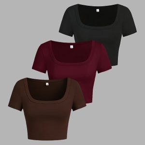 3pcs Set of New Fashionable Trendy Sexy Women'S Short Sleeve Fitted Square Neck Short Top T-Shirts, Suitable for Spring Summer Fall