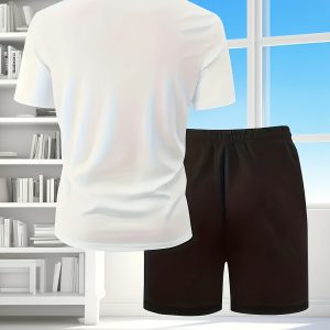 Men'S Two-Piece Set Featuring a Leaf Print, Including a Round Neck Short-Sleeve Tee And Drawstring Shorts