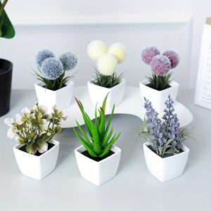 1set 6pcs-Simulated Plant Combination: Ball. Aloe Vera. Begonia. Lavender Small Potted Plant. Artificial Succulent Green Plant Bonsai. Indoor Decoration. Office Desktop Ornament. Nordic Style. Simulated Succulent Small Potted Plant Decoration