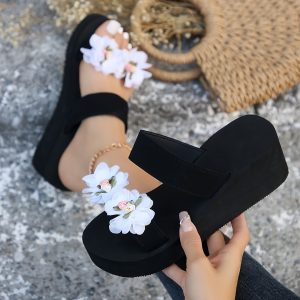 Women's Platform Sandals, Beach Flip-flops with Open Toes, Three-dimensional Fabric Floral Design, Hand-stitched Women's Slippers, Women Shoes