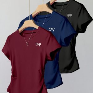 3pcs s' Pleated Round Neck Short Sleeve Bow Print Casual Versatile T-Shirt Top