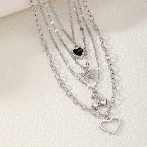 4pcs Elegant Shiny Rhinestone Butterfly Heart Pendant Necklace Set, Stylish Silvery Cherry Multi-Layer Layered Necklaces for Women, Trendy Daily Party Accessories