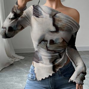 Women'S Gradient Color Mesh Off-the-Shoulder Long Sleeve Irregular Hem Slim Fit Top | Asymmetrical Design, Geometric Pattern, Suitable for All Seasons