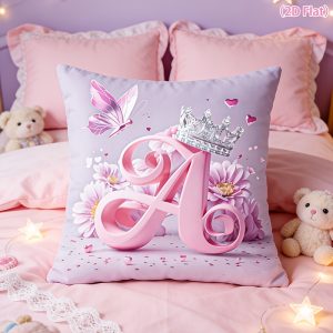 1pc Pink Princess Letter A Pillow Cover with Crown & Butterfly Pattern - Zipper Closure Cushion Case Suitable for, Wedding, Birthday Party Decor, Machine Washable Pink Bedding for Room, Sofa, Balcony, 2D Flat