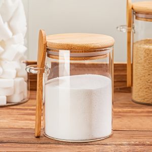 4pcs (1 Round Jar + 1 Wooden Spoon + 1 Sticker + 1 Pen) High Borosilicate Glass Round Sealed Jar, with Wooden Spoon, Sticker And Marker, Suitable for Sugar, Salt, Tea, Spices, Coffee Beans And Grain Storage, Suitable for Kitchen Food Organization