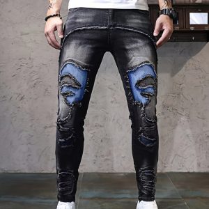 European and American Fashion Patchwork Color-block Stretch Denim Jeans Square Outline