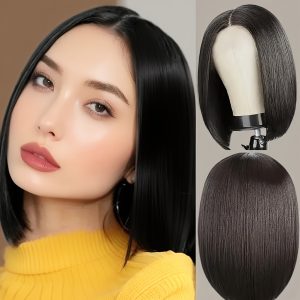 Elegant 12-Inch Black Bob Wig for Women, Made of Heat-Resistant Synthetic Material, with a Middle Part And No Bangs - Appearance, Suitable for Everyday Wear, Cosplay, And Anime Themes - Adjustable Cap with Hooks - Fits All Skin Tones
