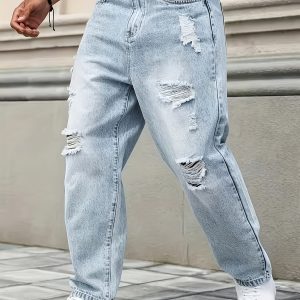 Men's Fashion Trend Jeans - Non-Stretch Jeans - Built-In Zipper - Light Blue Ripped Denim Pants, Suitable for Daily and Normal Dressing, Spring and Summer Style, Loose Fit, Durable Fabric, Stylish Streetwear Denim Pants.