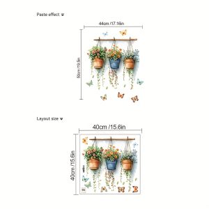 Classic Realistic Potted Colorful Flowers and Butterflies Wall Sticker, Self-Adhesive Decal for Living Room, Bedroom, Study, Kitchen, Dining Room, Removable PVC Mural