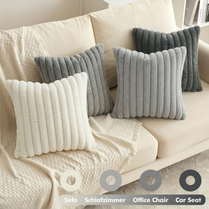 4pcs, Faux Fur Plush Decorative Throw Pillow Covers, 40.64cm*40.64cm/45.72cm*45.72cm/50.8cm*50.8cm, Square Morandi Color Cushion Covers, Spring Summer Modern Soft Fuzzy Striped Pillowcases, Suitable for Bedding Sofa Living Room Couch Car
