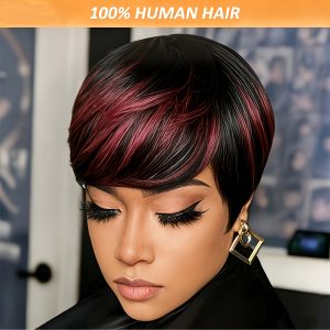 USEXY Women's Brazilian Straight Human Hair Wig Suitable for Skin Tones - Natural Black/Burgundy 1B/99J Short Pixie Cut with Bangs, Glueless Rose Net Cap, Layered Wig Suitable for Skin Tones, Machine-Made Hairpiece