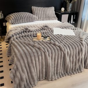 Warm and Comfortable Flannel Drawstring Blanket, Imitation Rabbit Fur Bed Blanket, Soft and Warm Sofa Blanket, Suitable for Nap, Office, Outdoor Camping, Sofa Nap Blanket, Four Seasons Multi-purpose Striped Pattern Gift Blanket 11 Festivals Available