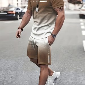 Men'S Casual Suit Ombre And "PARIS" Print Clothing, Round Neck And Short Sleeve T-Shirts And Shorts, Casual Comfort Suit for Everyday Summer Outerwear