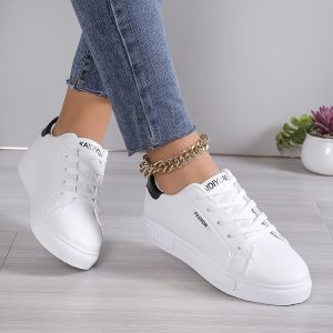 Flat Lace-Up, Easy Versatile White Sneakers, Comfortable Fashion Athletic Shoes, Women Shoes