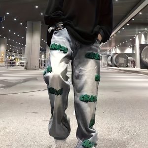 Spring/Autumn New Flocked Straight-Leg Jeans for Men, BF Embroidered Irregular Pants, Wide-Leg Loose-Fit Versatile Trendy Trousers