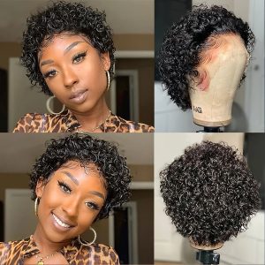 8-Inch Short Wigs Made from Brazilian Human Hair, Featuring a Curly Pixie Cut with a 13X4 Lace Frontal And Transparent Lace, Ideal for Various Hairstyles
