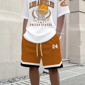 ' 2pcs Basketball Training Suit with Shorts & Matching T-Shirt - 3D-Printed Lettering & Basketball Motifs, Breathable Short-Sleeve Athleisure Wear, Pockets - Upgraded for Outdoor Sports & Gym (Compatible with -Themed Apparel)