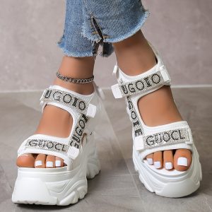2024 Summer New Fashion Rhinestone Women's High Heel White Sandals, Breathable Versatile Lightweight Platform Open Toe Thick Sole Wedge Sandals for Women, Women Shoes