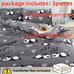 Warm, Relaxing, Quiet, And Comfortable Panda Gray Duvet Cover And Pillowcase 3pcs Set (Excluding Core), Polyester Set/2 Pillowcases/1 Duvet Cover/Student Bed/Double Bed/Full-Size Bed/King-Size Bed/Shrink-Resistant And Fade-Resistant - Soft And Skin