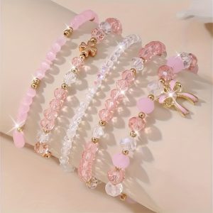 5-Pack Glass Oil Painting Pendant Hand String Set, 5pcs Pink Minimalist Stylish Bow Clover Stackable Bracelet Set