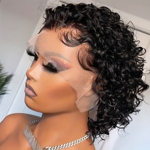 Yolami Pixie Cut Short Curly 13x1 Transparent HD Lace Front Wigs Brazilian Human Hair Pre Plucked Curly Wigs 150% Density
