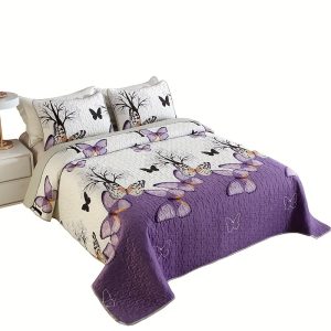 3pcs Quilted Bedspread Set with Brushed Floral Design, Purple And White Flower Bedspread Set