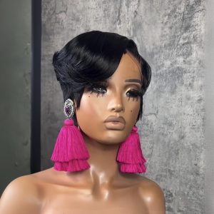 Short Straight Bob Wigs with a Pixie Cut, Featuring a 13X4 Lace Frontal Design, Ideal for Black Women. These Human Hair Wigs Come in a Natural Black Color with 150% Density, Offering a Chic And Elegant Look