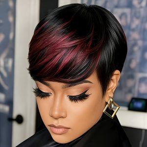 USEXY Women's Brazilian Straight Human Hair Wig Suitable for Skin Tones - Natural Black/Burgundy 1B/99J Short Pixie Cut with Bangs, Glueless Rose Net Cap, Layered Wig Suitable for Skin Tones, Machine-Made Hairpiece