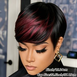 USEXY Women's Brazilian Straight Human Hair Wig Suitable for Skin Tones - Natural Black/Burgundy 1B/99J Short Pixie Cut with Bangs, Glueless Rose Net Cap, Layered Wig Suitable for Skin Tones, Machine-Made Hairpiece