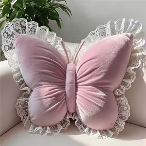 Butterfly-shaped Home Decor Throw Pillow with White Lace Trim, Made of Luxurious Velvet Fabric and Polyester Fiber Filling. Suitable for Beds, Sofas, Carriages, and Office Spaces. Perfect for Living Rooms, Bedrooms, Weddings, Birthdays, and Other
