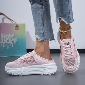 LSEMIWL Women's Wide-Toe Slip-On Mule Sneakers with Thick Platform Heel - Breathable Round Toe Low-Top Block Heel Shoes, Non-Slip TPR Sole Suitable for Spring/Summer, Height Increase & Casual Streetwear for Daily Wear, Women Shoes