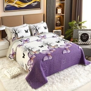 3pcs Quilted Bedspread Set with Brushed Floral Design, Purple And White Flower Bedspread Set