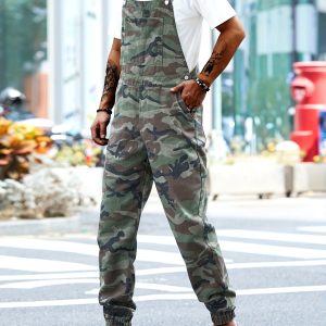 1pc Men'S Pants, Casual Denim Overalls with Multiple Pockets, Solid Color, Non-Stretch Fabric, Regular Fit, All-Season, Woven Washed Design - Adult Size