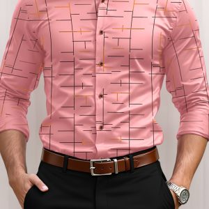 Men'S Elegant Light Pink Casual Button-Up Shirt - Geometric Pattern, Short Sleeve, Lightweight Polyester, Perfect for Casual Attire, Allseason Apparel|Geometric Pattern Shirt|Polyester Fabric