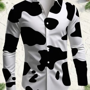 Men's Casual Shirt, Comfortable and Versatile Digital Print Standard Size Long Sleeve Shirt, Party Clubwear, All-Season Top, Cow Print Pattern, Black and White Style, Fashionable and Trendy, Machine Washable, Clothing / Printed / Trendy / Men's / All