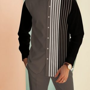A Two-Piece Set Featuring a Gray And White Striped Long-Sleeve Shirt with a Stand Collar And Matching Long Pants, Perfect for Casual, Stylish Vacations And Quick-Dry Beachwear for Men