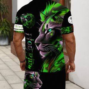 Men'S Short-Sleeve Round-Neck T-Shirt And Elastic Waistband Shorts, Featuring a Pocket And a Lion Face Print Summer Outfit Set