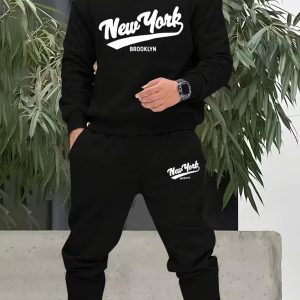 Men'S Sportswear Set with Prints | New York BROOKLYN American Street Style Hoodie And Sweatpants Set with Handwritten Logo, Loose-Fitting Two-Piece | Round Neck Long Sleeve Hoodie And Joggers |