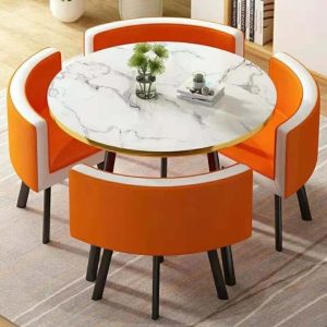 Modern Nordic Round Dining Table Set 5pcs Marble Look MDF Table with 4 PU Leather Chairs
