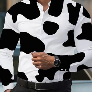 Men's Casual Shirt, Comfortable and Versatile Digital Print Standard Size Long Sleeve Shirt, Party Clubwear, All-Season Top, Cow Print Pattern, Black and White Style, Fashionable and Trendy, Machine Washable, Clothing / Printed / Trendy / Men's / All